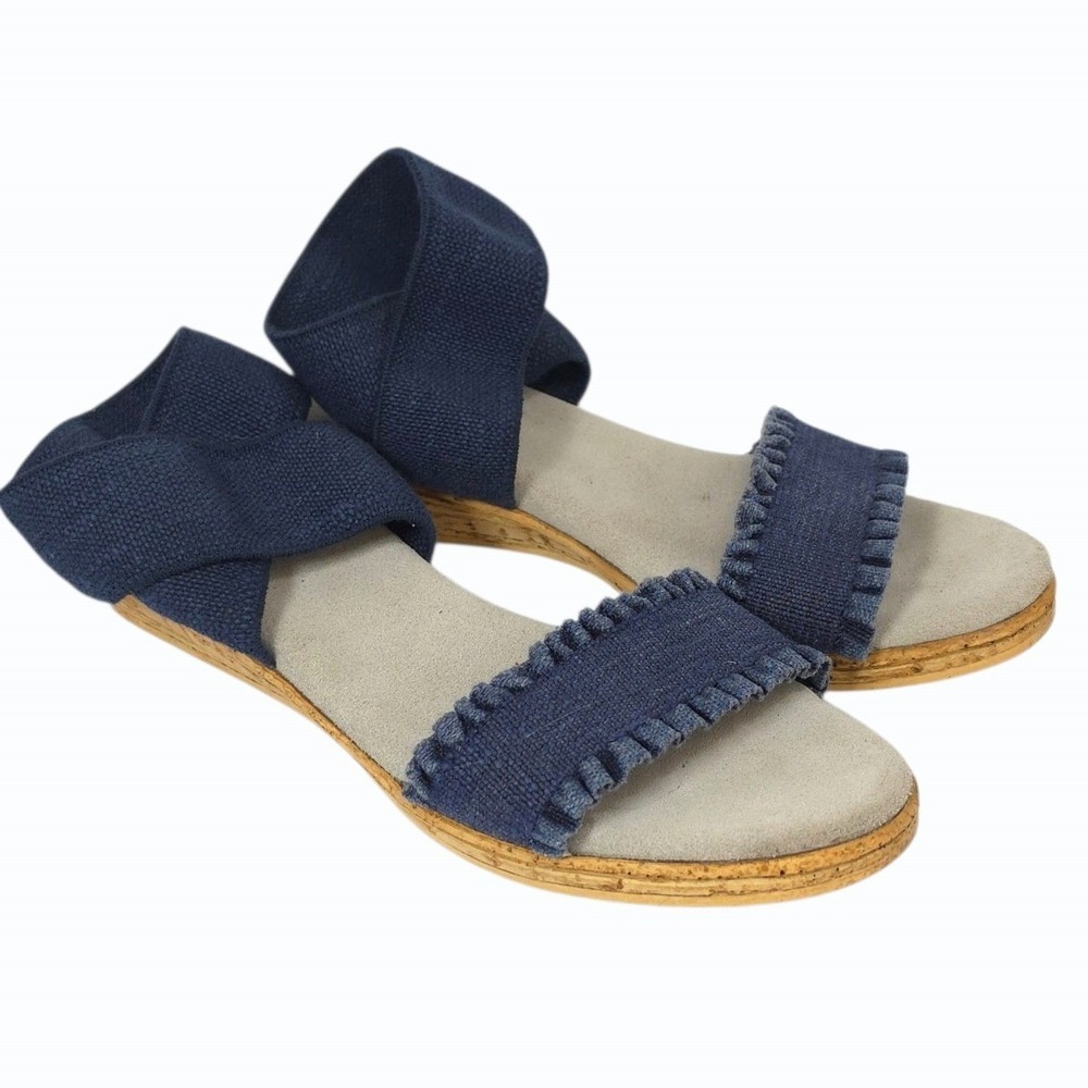 Charleston Shoe Company Coastal Ruffle Wedge Sandals Size 8 Linen Navy Blue